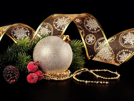 In images Christmas background - baubles and branch of spruce tree