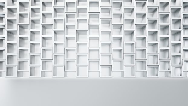 Empty white interior with cube shelves on the wall, 3D rendering