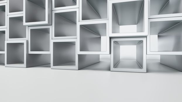 Empty white interior with cube shelves on the wall, 3D rendering