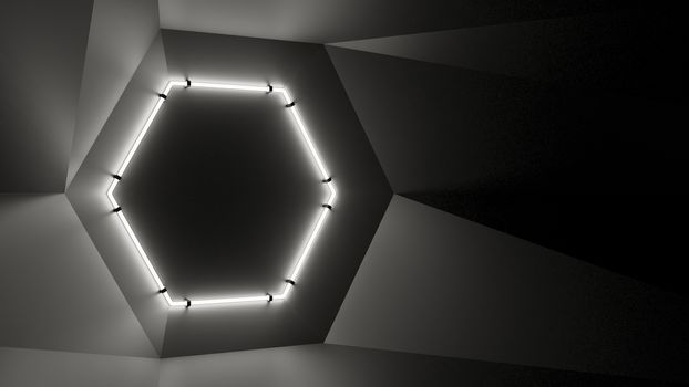 Abstract geometry lit by a neon white hexagonal lamp. Soft shadows. 3D illustration. The vanishing point of the wall geometry in the center of the image on the hex. Empty advertising space