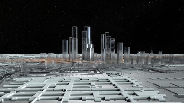 Abstract 3D city of glass with luminous roads on the surface imitating a spaceship. 3D illustration. The concept of a future city. Element of this image furnished by NASA