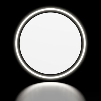 Neon white sign on a black background with a black mirror floor. White luminous circle and round white neon round lamp. 3D illustration. Template for advertising