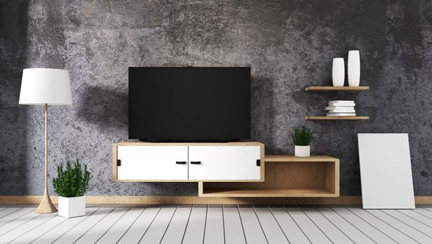 Smart TV led on concrete wall with wooden cabinet and plant in pot empty interior.3D rendering