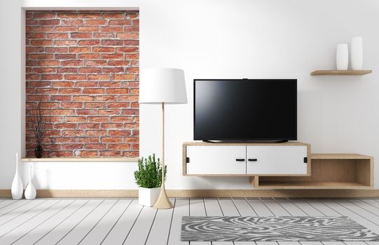 Minimalistic living room interior with a wooden cabinet and a wide screen TV - loft style. 3d rendering