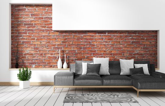 living room loft interior with sofa and Wall pattern brick in white wall. 3d rendering