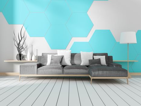 Room with sofa and white hexagonal tile wall. 3D renderin