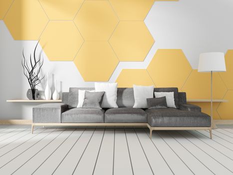 Room with sofa and white hexagonal tile wall. 3D rendering