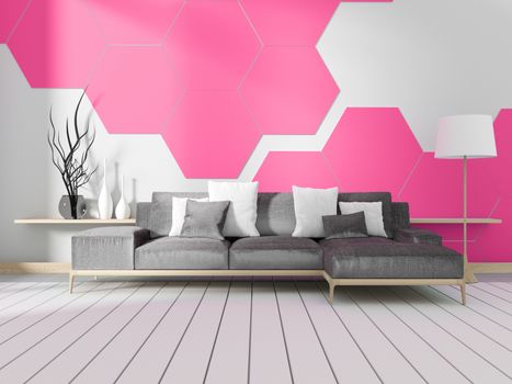 Room with sofa and white hexagonal tile wall. 3D rendering