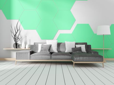 Room with sofa and mint hexagonal tile wall. 3D rendering