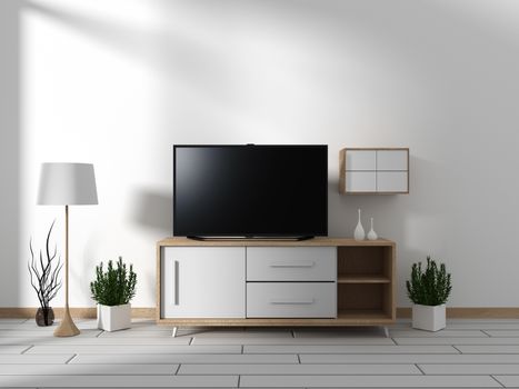 Smart Tv Mockup with blank black screen hanging on the cabinet decor, modern living room zen style. 3d rendering