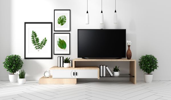 Smart Tv Mockup with blank black screen hanging on the cabinet and fame decor, modern living room zen style. 3d rendering