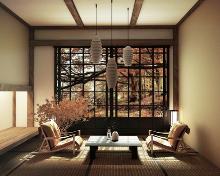 Spring room with bonsai tree and low table on tatami mat and window view Spring tree,Japanese style. 3D redering	