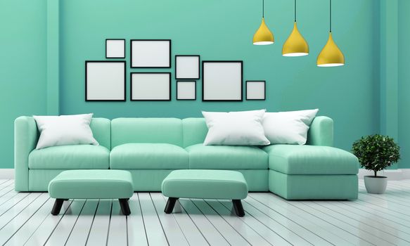 Minimal designs, living room interior with sofa plants and lamp on mint wall background. 3D rendering