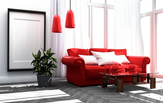 Red sofa in a living room white wall background. 3D rendering