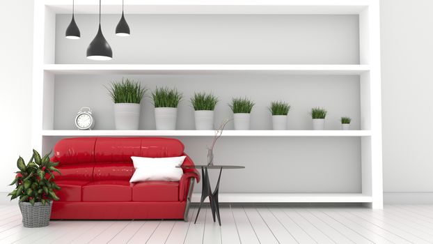 Red sofa living Interior modern room, plants and red sofa. 3D rendering