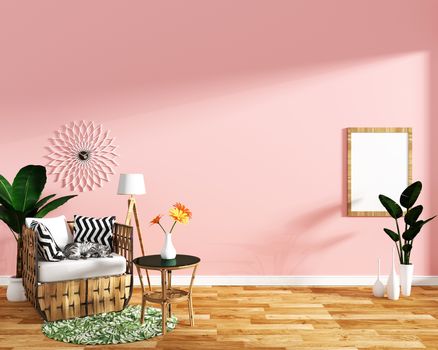 tropical design,armchair,plant,cabinet on wood floor and pink background.3 d rendering