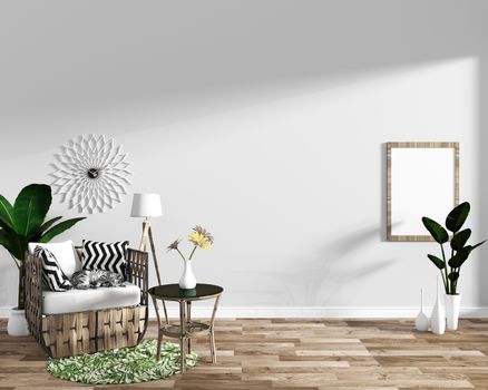 modern living room interior with sofa decoration and green plants on white wall background on wooden floor,minimal designs, 3d rendering