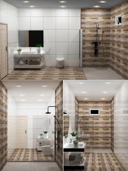 Zen design bathroom wooden wall and floor - japanese style. 3D rendering