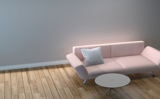 Modern Living Room design - pink sofa, pillow and table, wooden floor on empty white wall. 3D rendering