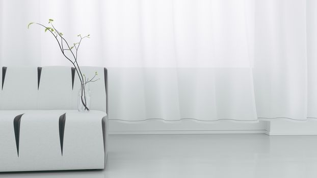 White sofa and plant in white room. 3D rendering