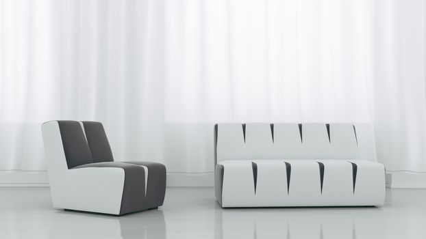 White sofa and plant in white room. 3D rendering