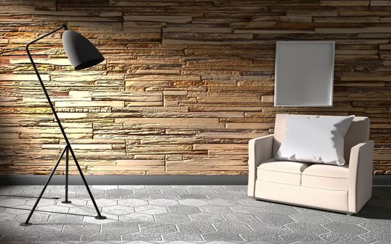 Stone wall room interior with lamp and sofa .3D rendering