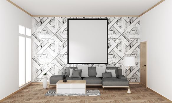 mock up poster frame in hipster interior Japanese modern living room granite tile wall on granite floor, 3D rendering