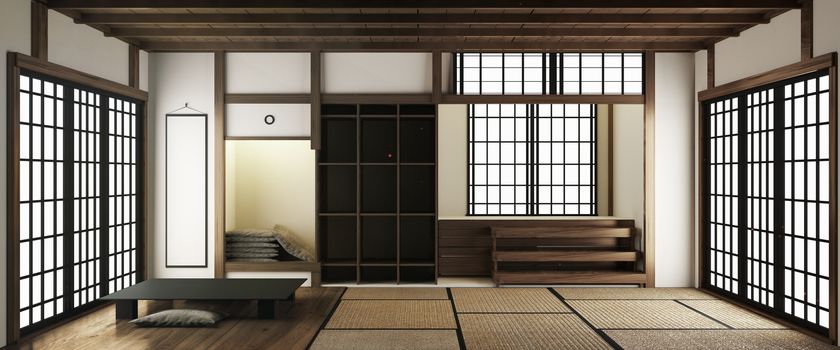 tatami mats and paper sliding doors called Shoji in Japanese room style. 3D rendering