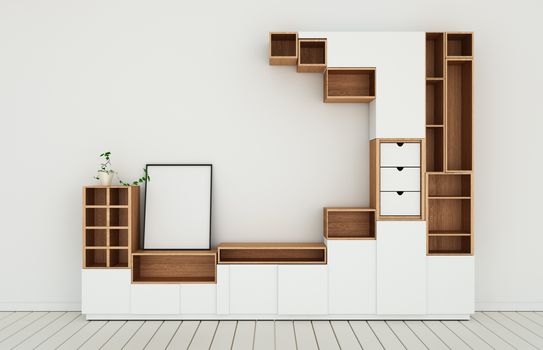 Cabinet design mockup in modern empty room,white floor wooden on white wall room japanese style.3d rendering