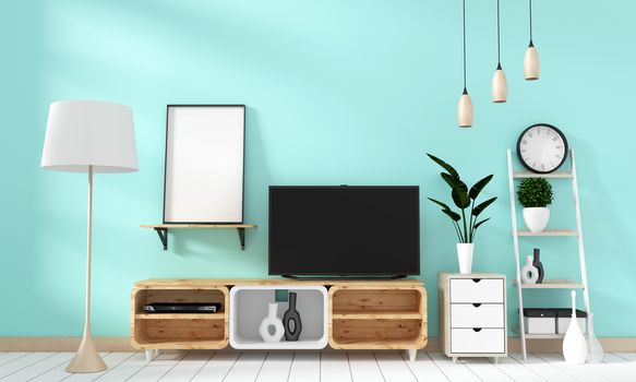 Smart Tv Mockup on mint wall in japanese living room. 3d rendering