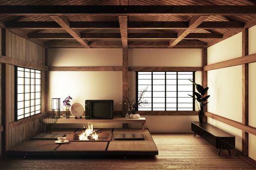 Most beautiful design interior design,modern living room with Tv,armchair,tatami floor and white wall in room japanese style. 3d rendering
