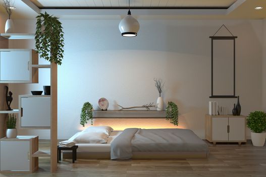 Modern peaceful Bedroom. zen style bedroom modern zen. 3D rendering