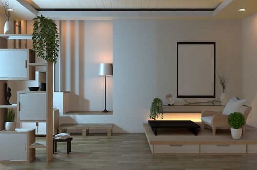 Empty zen room interior background with shelf wall japanese style design hidden light.3d rendering