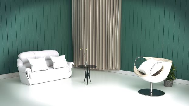 Living Room Interior with sofa, pillows, table, on empty dark wall background. 3D rendering