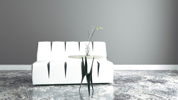 Sofa the wall with table and vase. 3D rendering