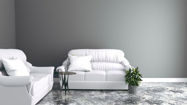 Sofas the wall with table and vase - modern room. 3D rendering
