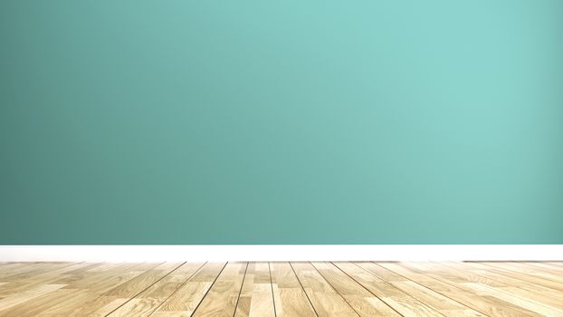 Green mint wall on wood floor interior. 3D rendering