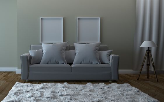 Sofa and picture, wooden floor on empty white wall background. 3D rendering