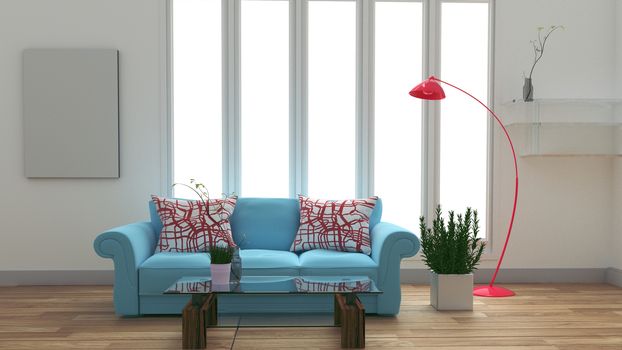 Modern room interior with blue sofa and table and lamp on white room .3D rendering