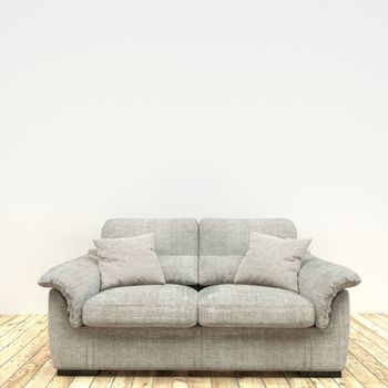 Simple poster with sofa and plants on white wall in living room interior. 3D rendering