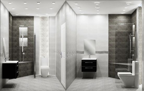 Toilet loft style tiles two tone interior design. 3D rendering