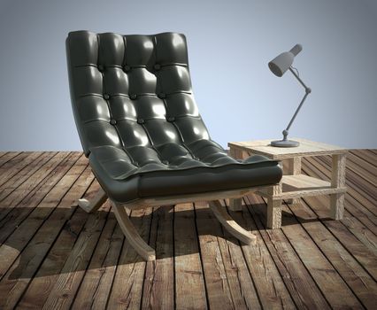 Black sofa and lamp on wooden table. 3Drendering