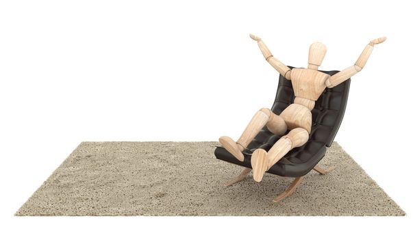 Wooden Dummy Siting on the couch and put your hand up . 3D rendering