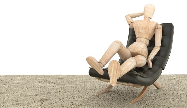 Wooden dummy siting on the couch. 3D rendering