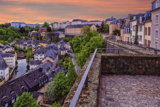 View on Old Town and Corniche in Luxembourg City from top view by sunset