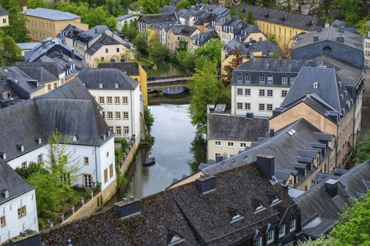 Alzette river and Old Town Luxembourg City from top view by day