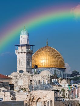 Western Wall and golden Dome of the Rock in Jerusalem Old City, Israel.