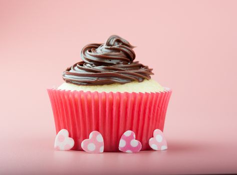 Vanilla cupcake with chocolate icing in nice paper mold, earths and pink background