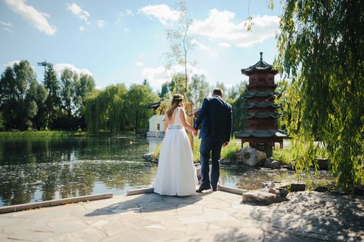 Bride and groom at a photo session in the nature.