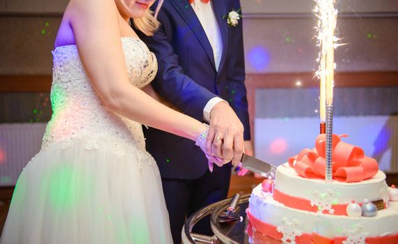 Delicious Wedding Cake at the party. Smoke and fire effects